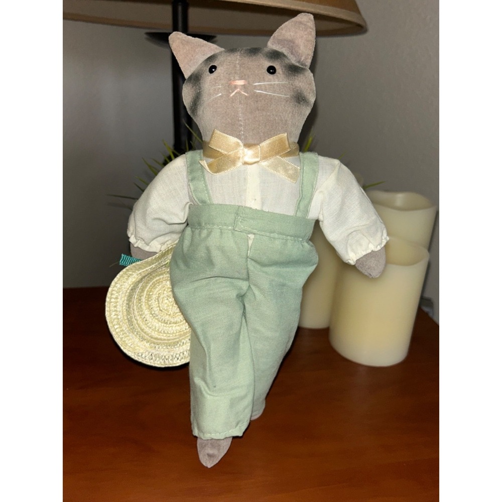 Hallmark Captivating Cats Gray Cat Cloth Doll Green Overalls Straw Hat 11" Plush - Picture 8 of 12